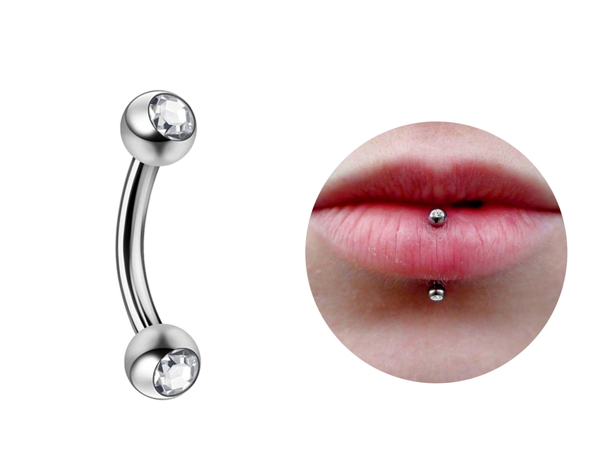 Titanium Lip Stud Vertical Labret Piercing with CZ Gem Ball - 18g 16g 14g Lip Piercing Curved Bar Lip Jewelry, Cartilage, Rook Earring