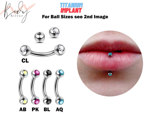 Titanium Lip Stud Vertical Labret Piercing with CZ Gem Ball - 18g 16g 14g Lip Piercing Curved Bar Lip Jewelry, Cartilage, Rook Earring