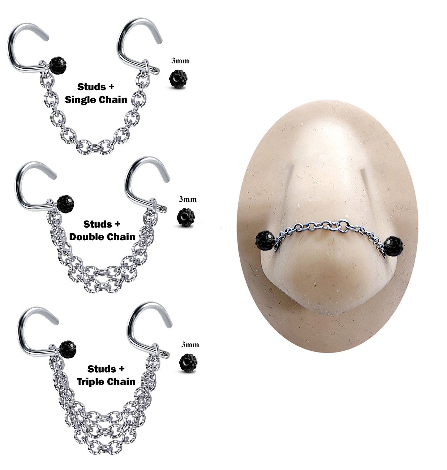 Titanium Nasallang jewelry, Nostril Chain- Nose Piercing with Nostril Screw Ferido Ball - Body Piercing Nostril Jewelry with Bridge Chain