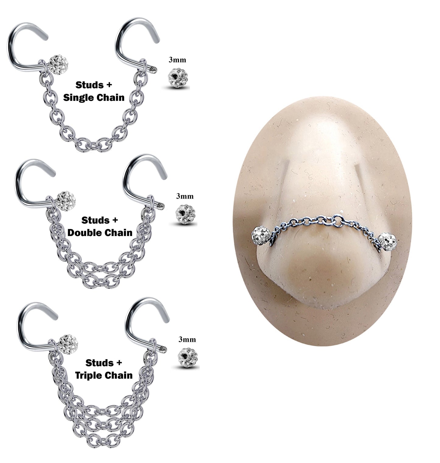 Titanium Nasallang jewelry, Nostril Chain- Nose Piercing with Nostril Screw Ferido Ball - Body Piercing Nostril Jewelry with Bridge Chain