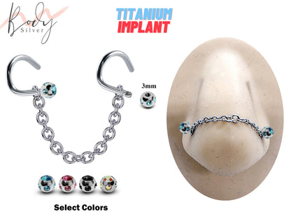 Tiranium Nasallang Piercing, Nostril Chain with Nostril Stud and Multiple CZ Crystals Ball- Body Piercing Nostril Jewelry with Bridge Chain