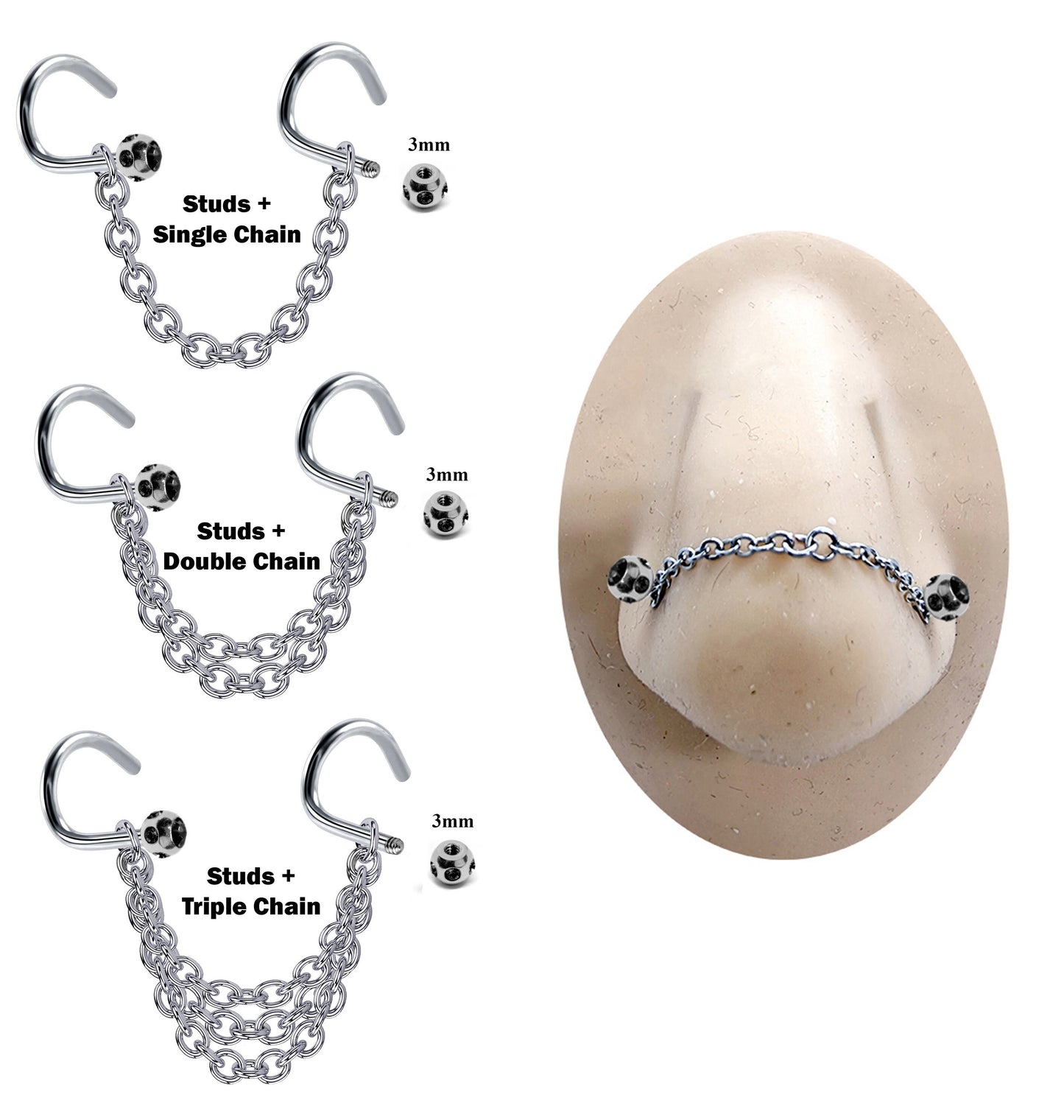 Tiranium Nasallang Piercing, Nostril Chain with Nostril Stud and Multiple CZ Crystals Ball- Body Piercing Nostril Jewelry with Bridge Chain