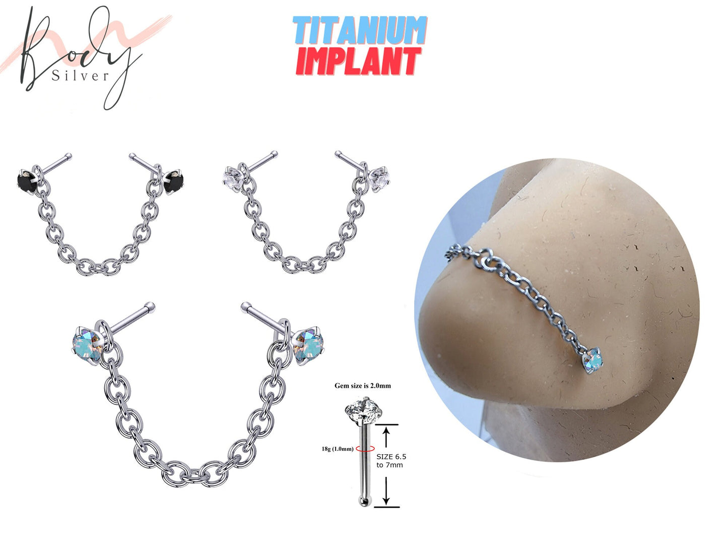 Titanium Nasallang Nose Chain Piercing, Straight Nostril Jewelry - Nose Piercing with Prong Set Crystals - Nostril Jewelry with Bridge Chain