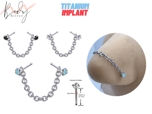 Titanium Nasallang Nose Chain Piercing, Straight Nostril Jewelry - Nose Piercing with Prong Set Crystals - Nostril Jewelry with Bridge Chain