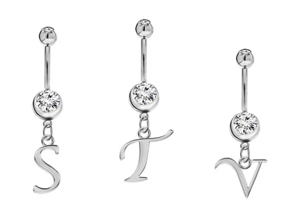 Titanium Navel Jewelry, Belly Button Jewelry - 14g Belly Bar with Dangle Sterling Silver Initial Letter Charm A-Z- Alphabet Belly Ring