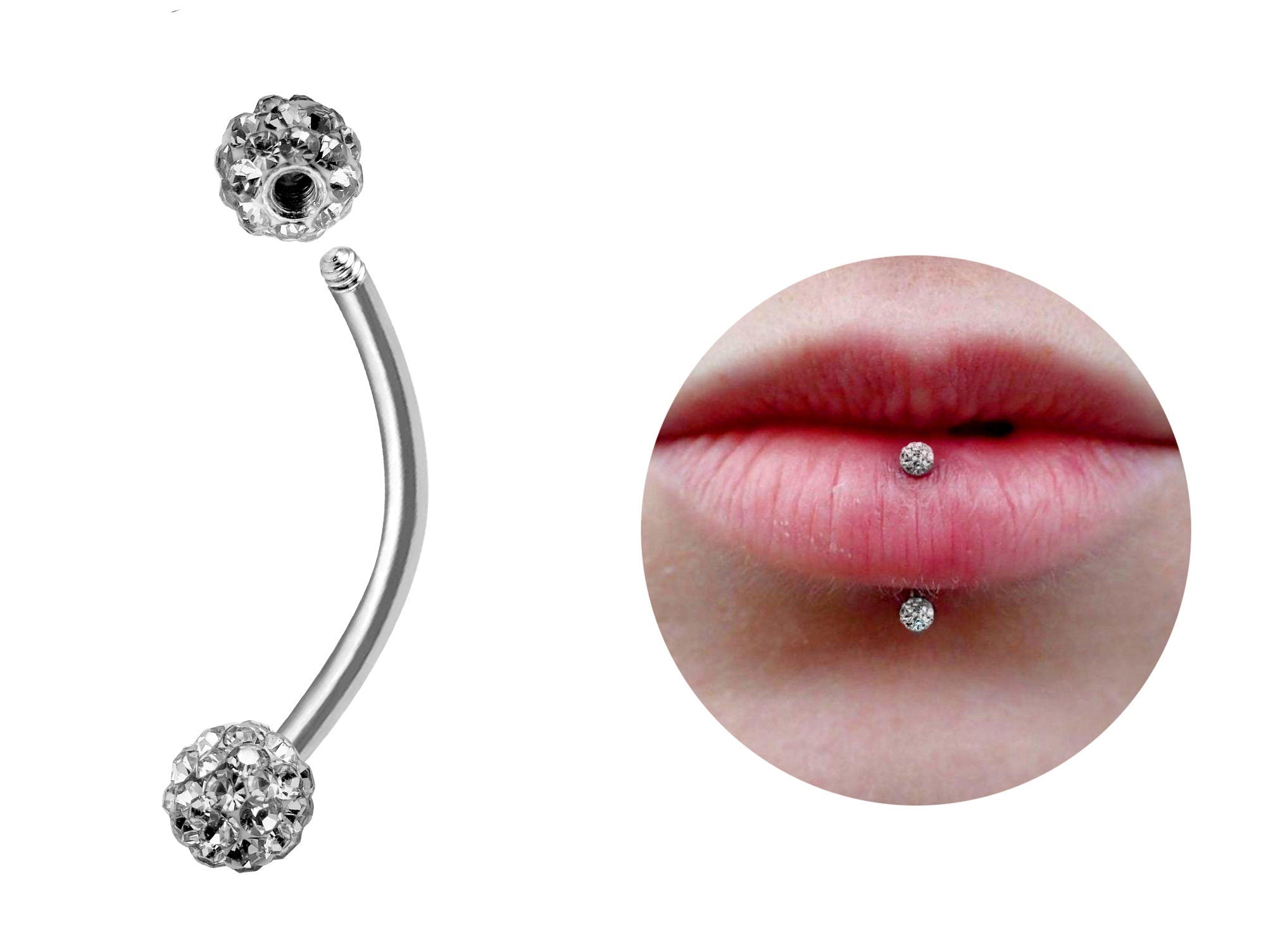 Titanium Vertical Labret Lip Ring with Disco Ball CZ Crystal 18g 16g Silver Body Jewellery