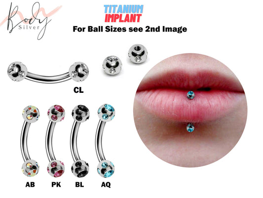 Titanium Vertical Labret Lip Ring with Multi Stone Ball Crystals - 18g 16g 14g Rook, Cartilage, Daith, Lip Piercing Curved Bar Lip Jewelry