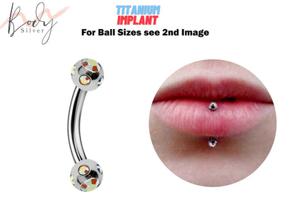 Titanium Vertical Labret Lip Ring with Multi Stone Ball Crystals - 18g 16g 14g Rook, Cartilage, Daith, Lip Piercing Curved Bar Lip Jewelry