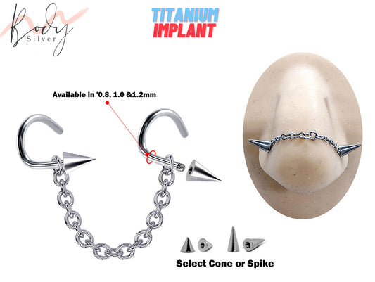 Titanium Spike Nostril Screw, Nasallang Nose Chain Nose Stud with Nostril Screw Cone/Spike - Body Piercing Nostril Jewelry with Bridge Chain