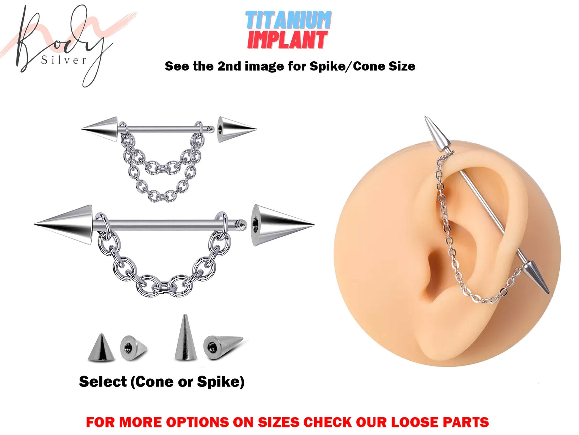 Titanium Industrial Piercing, Cone/Spike Barbell Earrings with Chain - 16g 14g Straight Barbell Industrial Studs