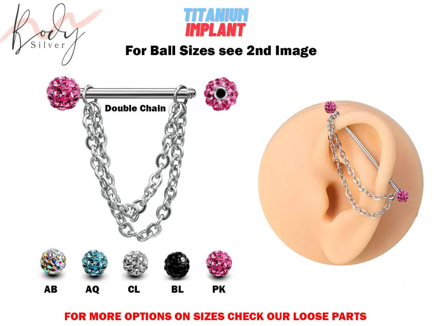 Titanium Industrial Piercing, Barbell Earrings with Piercing Chain & Disco Ball Crystals - 16g 14g Straight Barbell Industrial Studs