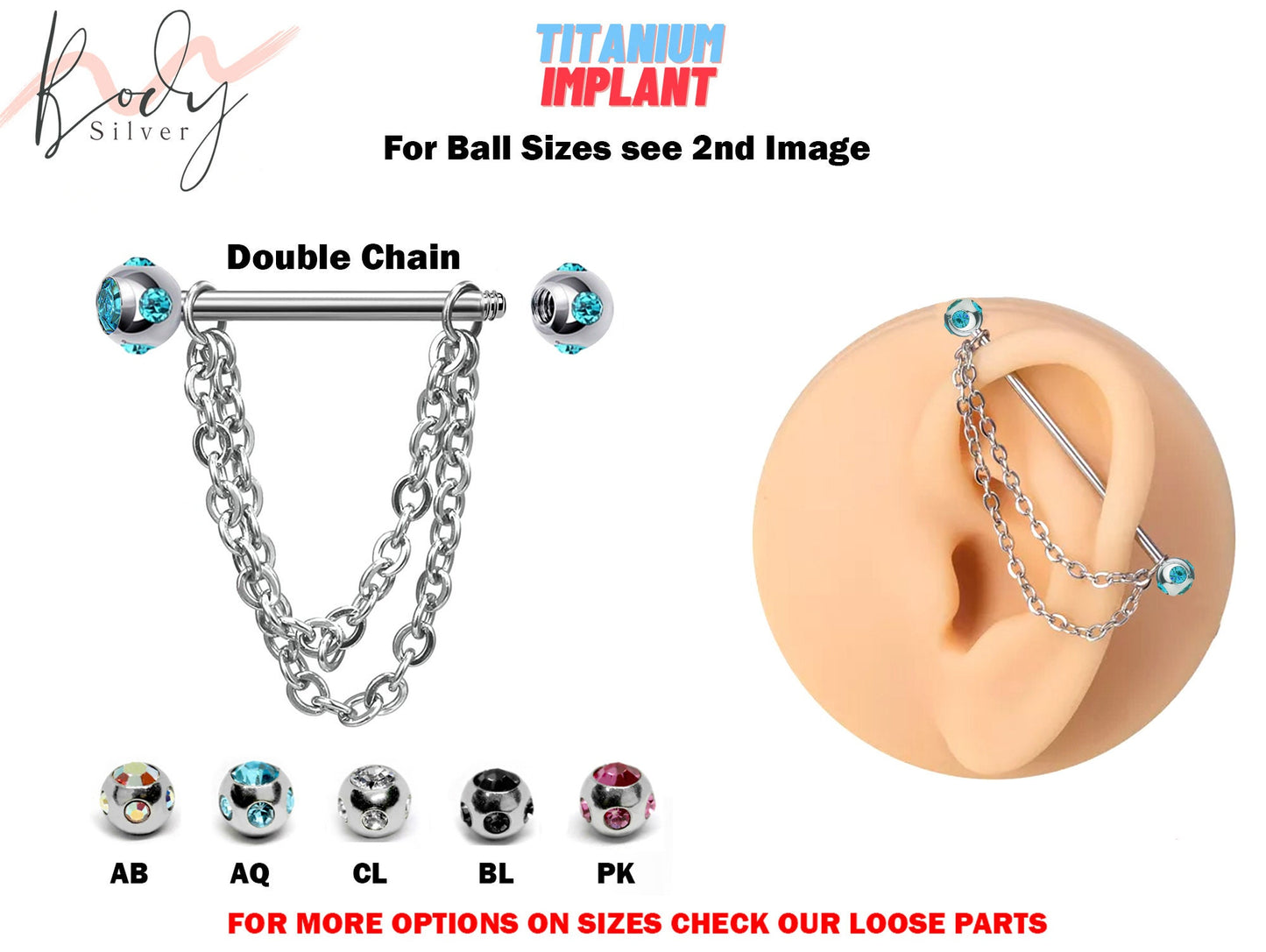 Titanium Industrial Piercing, Barbell Earrings with Piercing Chain & Multiple Crystal Ball - 16g 14g Straight Barbell Industrial Studs