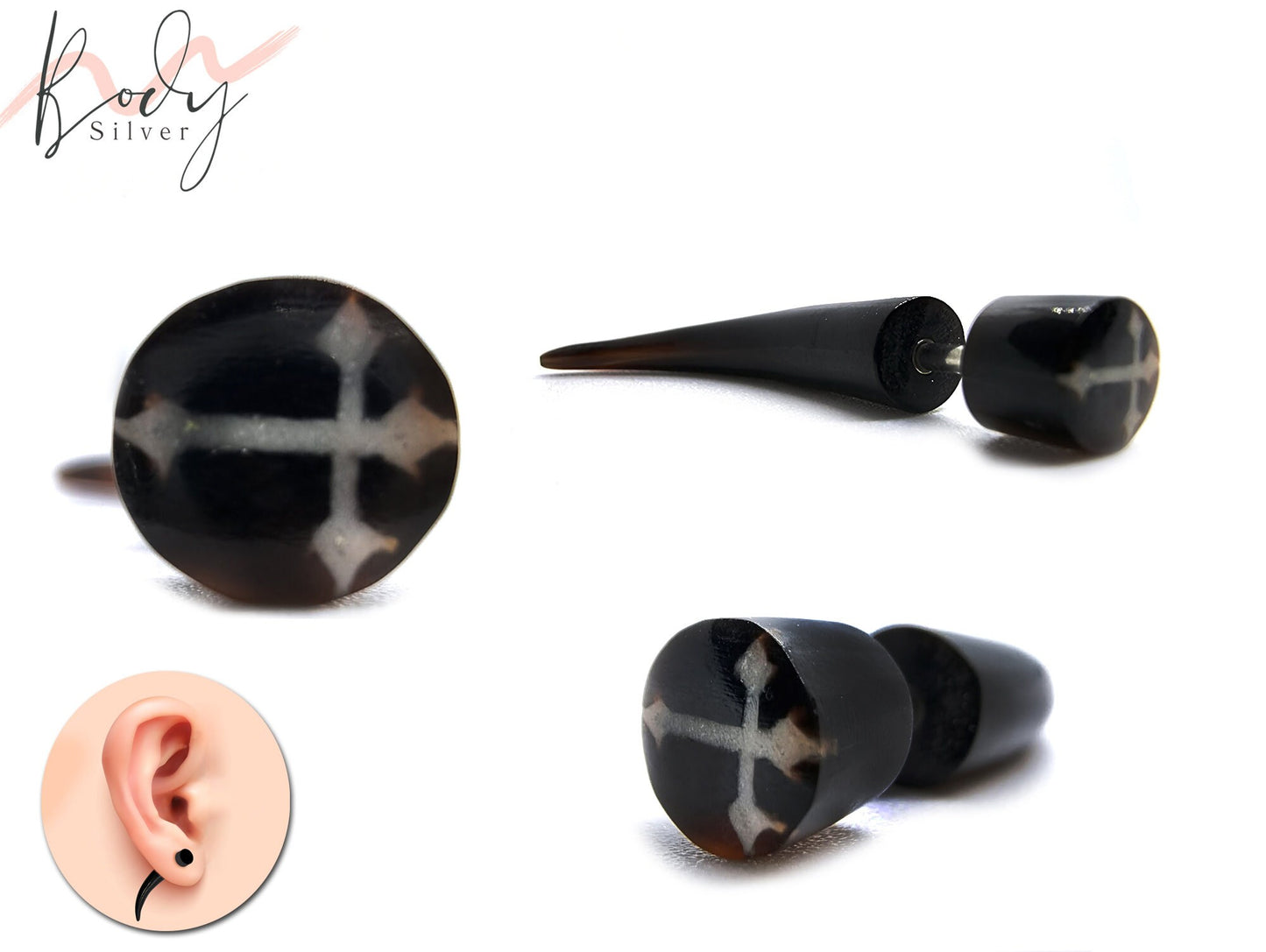 Plug Fake Horn Earrings - 16g Titanium Implant in many Different Designs - Black Claw Ear Studs, Cheater Fake Ear Plugs Gauges