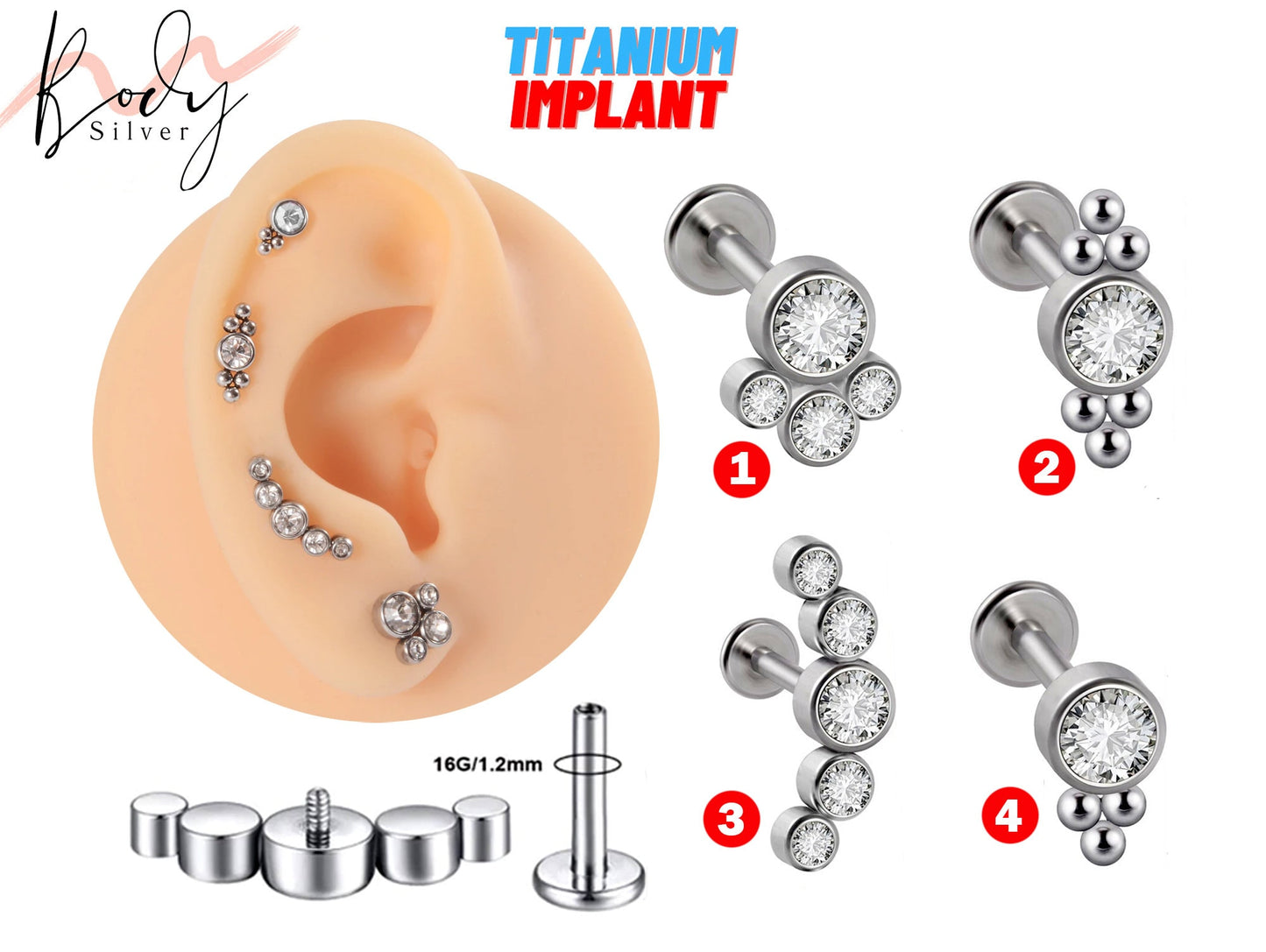 Titanium Ear Tragus Cartilage Studs - Internal threaded Labret Stud Piercing -16g Piercing for Helix, Ear Lobe, Conch Piercing, Medusa Studs