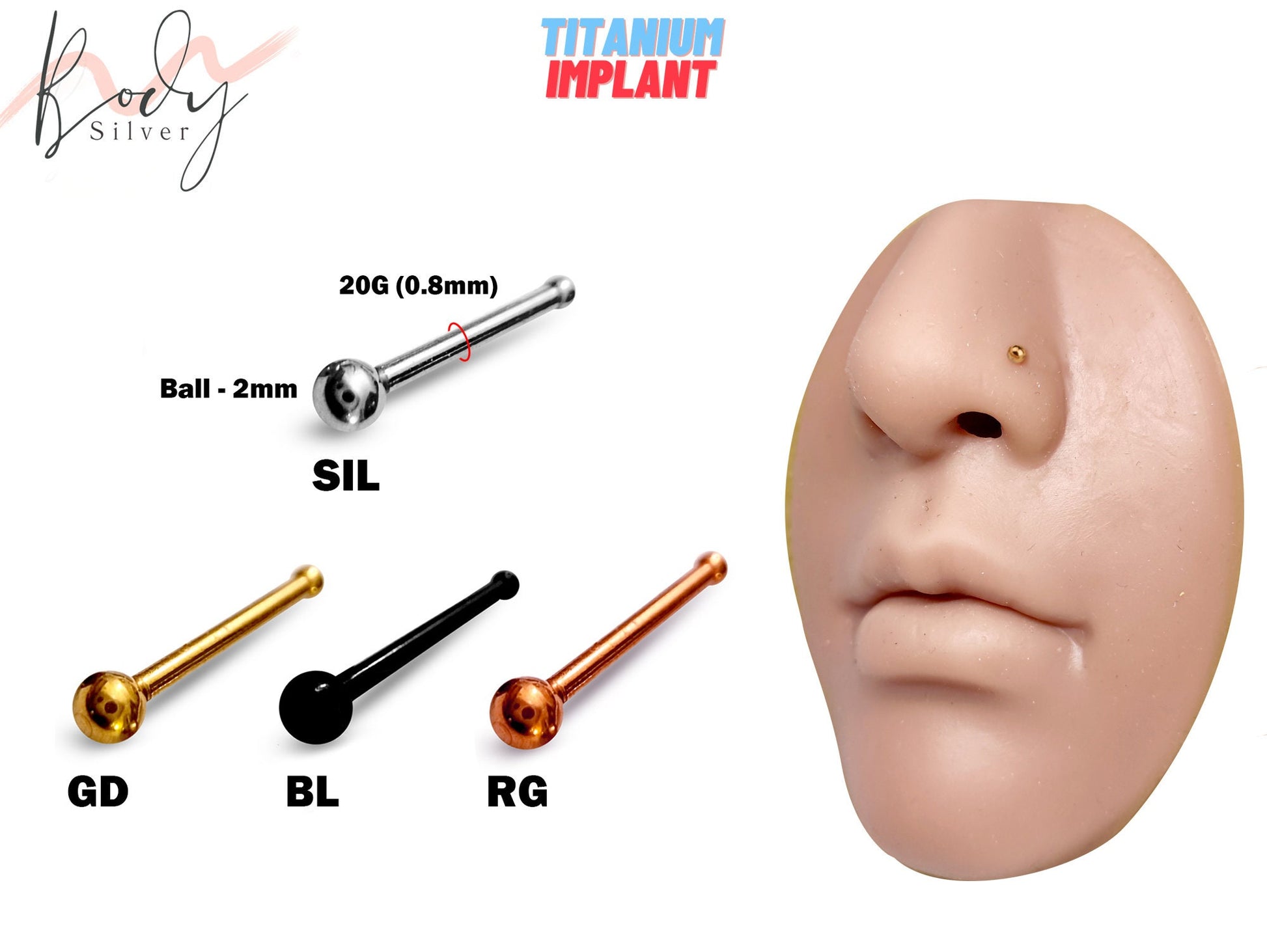 Titanium Nose Pin, Nose Bone Studs 20g straight stud in many Colours - Nostril Jewelry, Nose Piercing in Steel, Gold, Black & Rose Gold