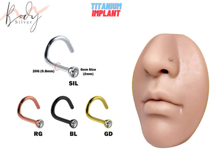 Titanium Nostril Screw, Nostril Stud with Bezel Set Clear CZ Crystal - Body Piercing 20g Nose Jewelry Steel, Gold, Black and Rose Gold