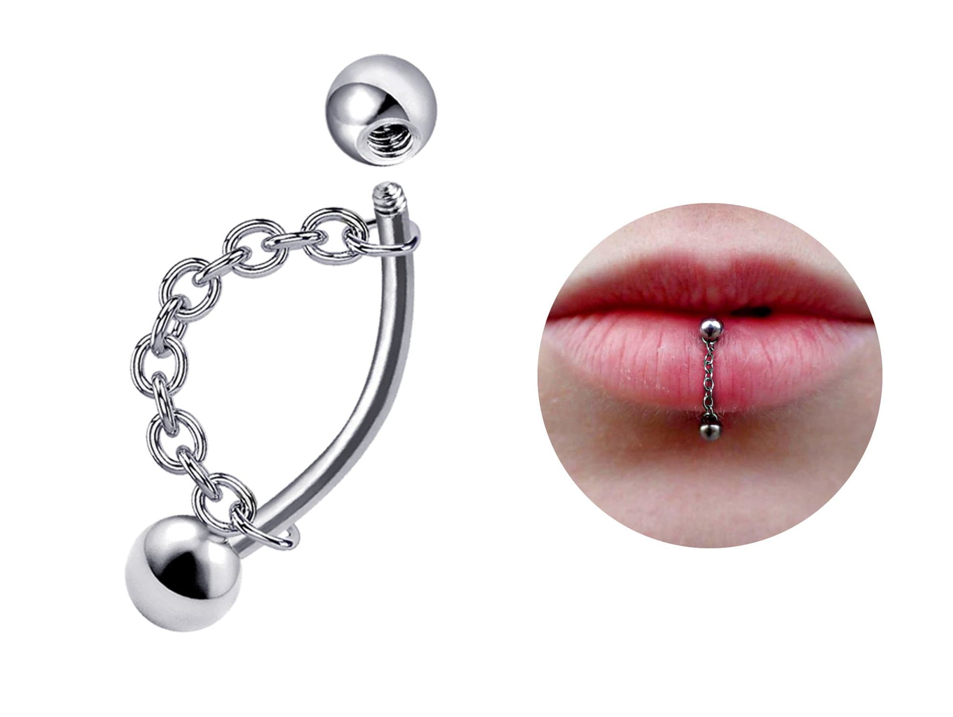 Titanium Lip Ring Vertical Labret Piercing with Chains - 18g 16g 14g Lip Piercing Curved Bar, Body Jewelry Gold, Rose Gold, Black & Steel