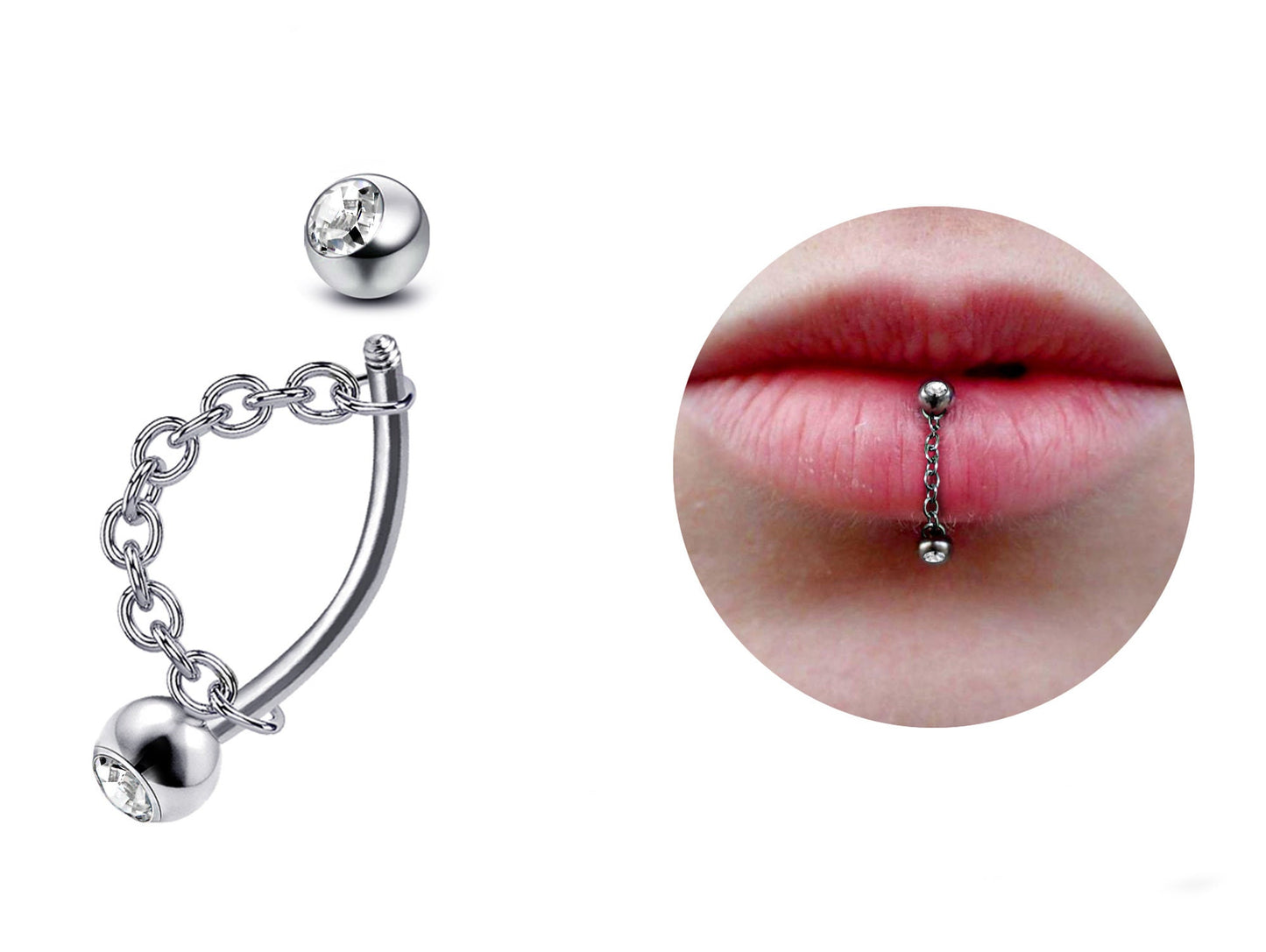 Titanium Lip Stud Vertical Labret Piercing with CZ Gem Ball - 18g 16g 14g Lip Piercing Curved Bar Lip Jewelry Gold, Rose Gold, Black & Steel