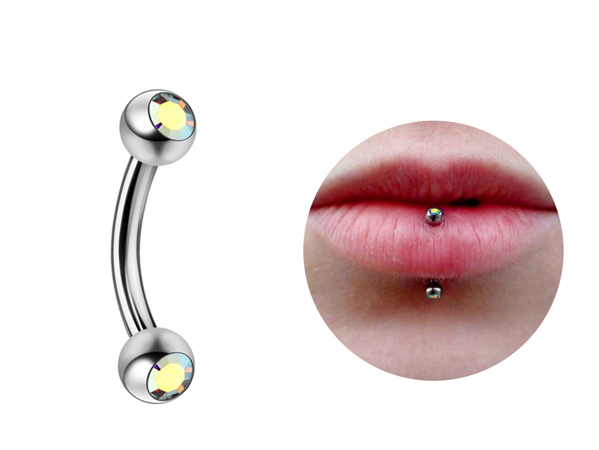 Titanium Lip Stud Vertical Labret Piercing with CZ Gem Ball - 18g 16g 14g Lip Piercing Curved Bar Lip Jewelry, Cartilage, Rook Earring