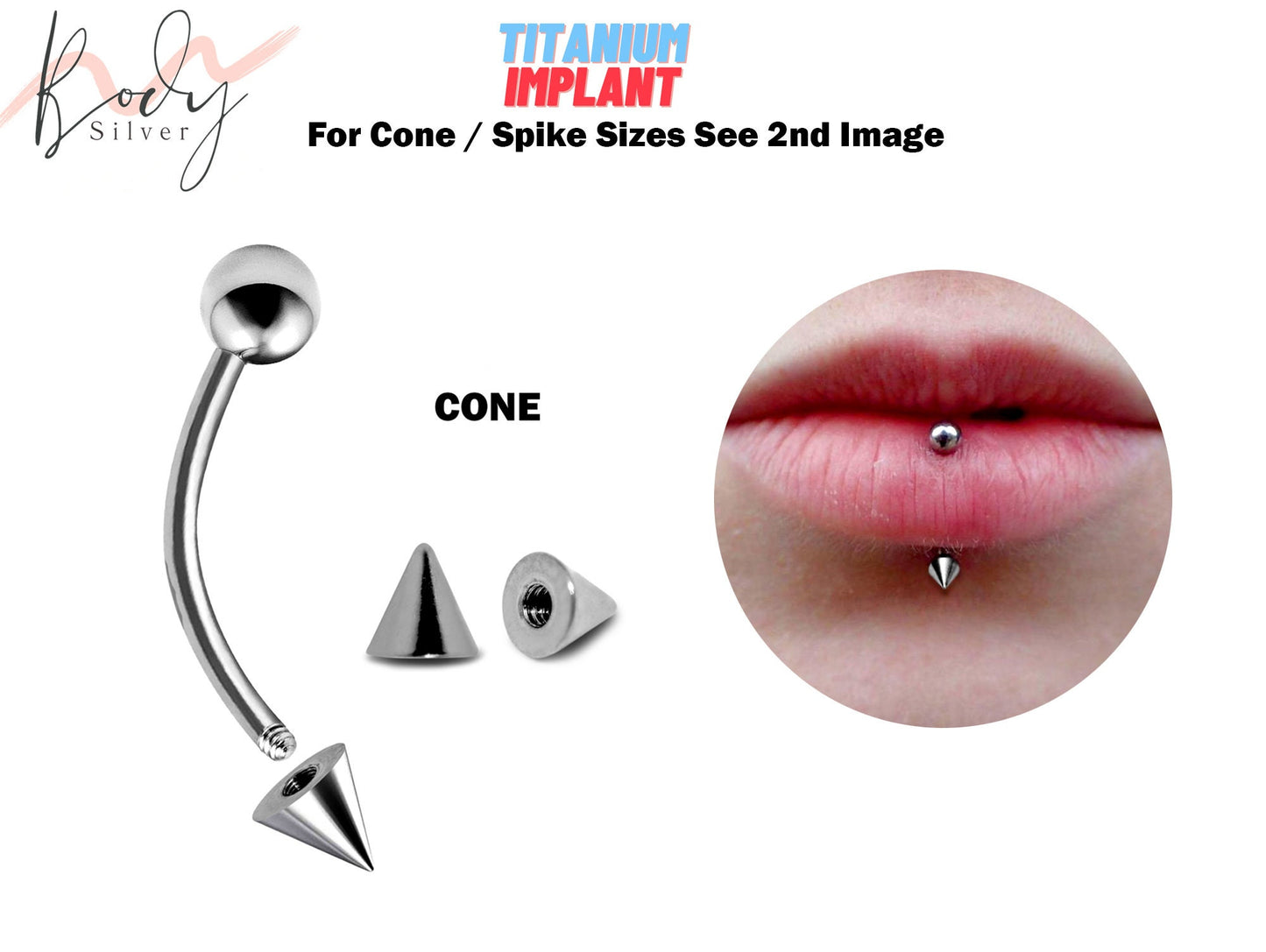 Titanium Cone / Spike Lip Ring Vertical Labret Piercing - 18g 16g 14g Long Spike Lip Piercing Curved Bar, Body Jewelry Also for Eyebrow Ring