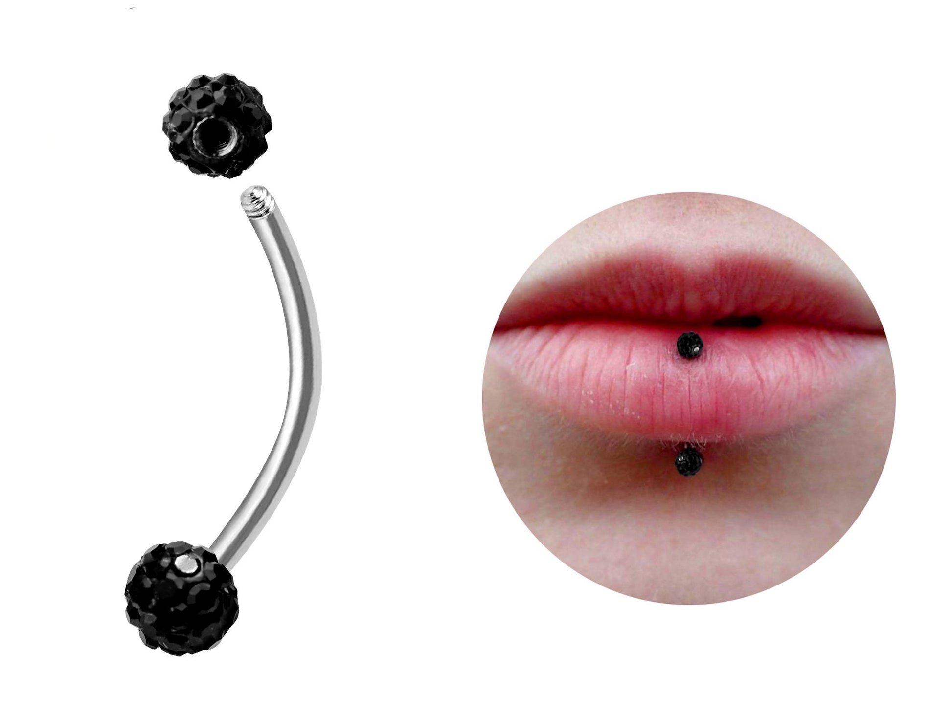 Titanium Vertical Labret Lip Ring with Disco Ball CZ Crystal - 18g 16g 14g Rook, Cartilage, Daith, Lip Piercing Curved Bar Lip Jewelry