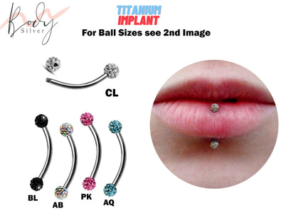 Titanium Vertical Labret Lip Ring with Disco Ball CZ Crystal - 18g 16g 14g Rook, Cartilage, Daith, Lip Piercing Curved Bar Lip Jewelry