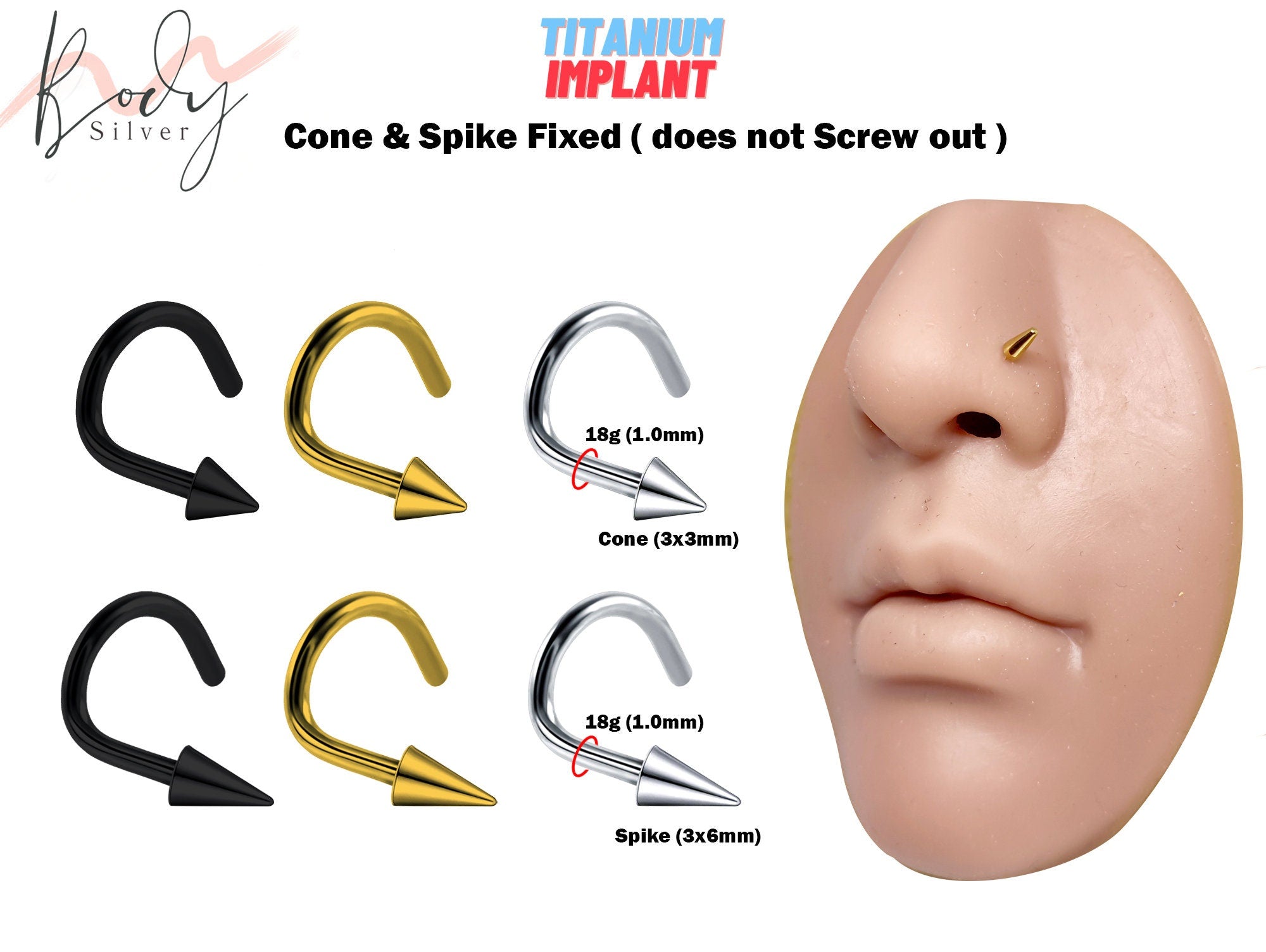 Titanium Spike Nostril Screw Nostril Stud Cone Body Piercing 18g No Silver Body Jewellery