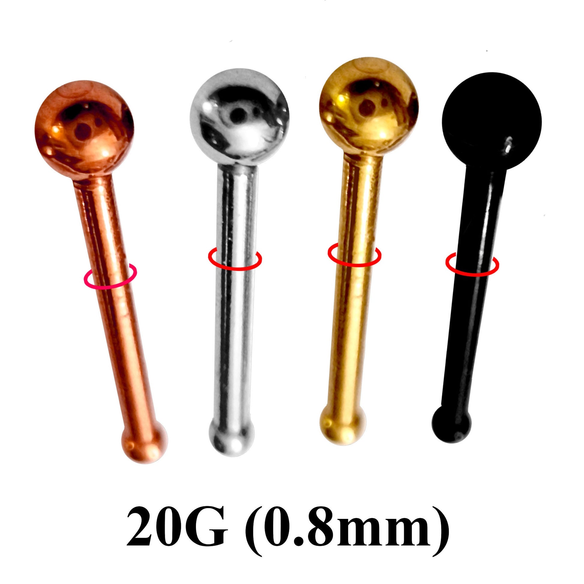 Titanium Nose Pin, Nose Bone Studs 20g straight stud in many Colours - Nostril Jewelry, Nose Piercing in Steel, Gold, Black & Rose Gold