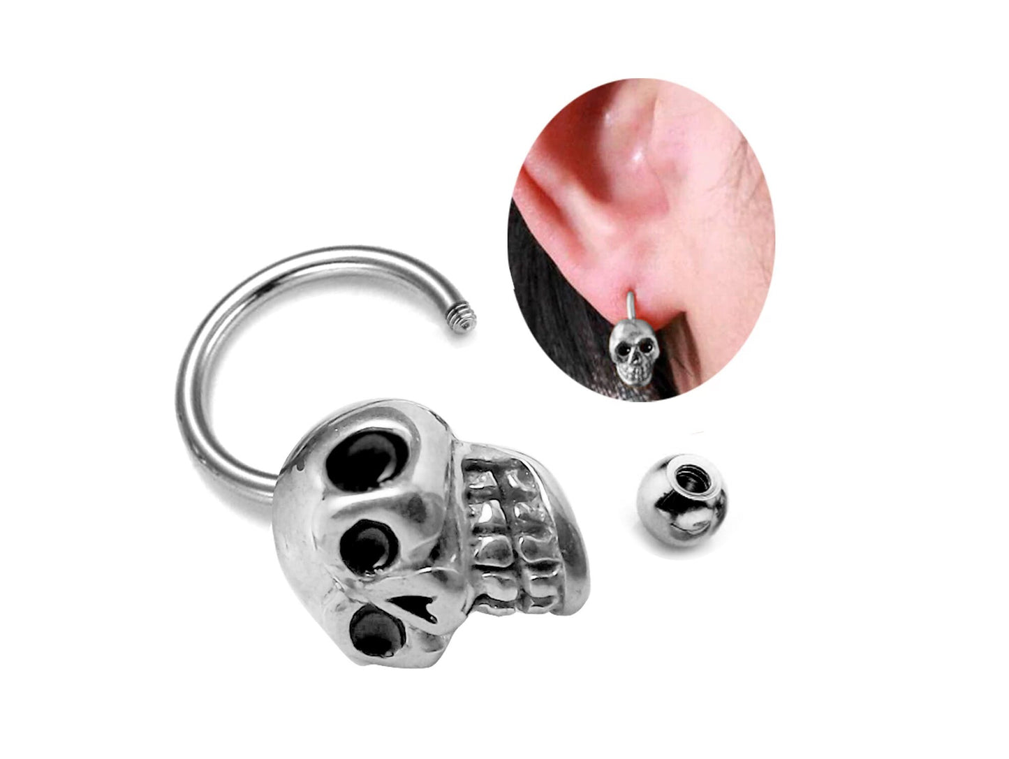 Titanium Skull Circular Barbell, Nose Septum Ring - 16g Horseshoe Ring Skull Head Piercing Also for Lip Ring, Helix Ring