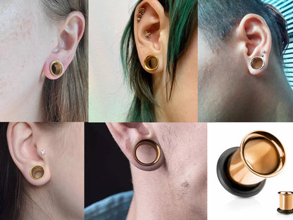 Single Flare Gold Ear Plugs, Ear Stretchers Earrings - Titanium Steel Single Flared Tunnels, Eyelet, Taper Screw - Gold Plated