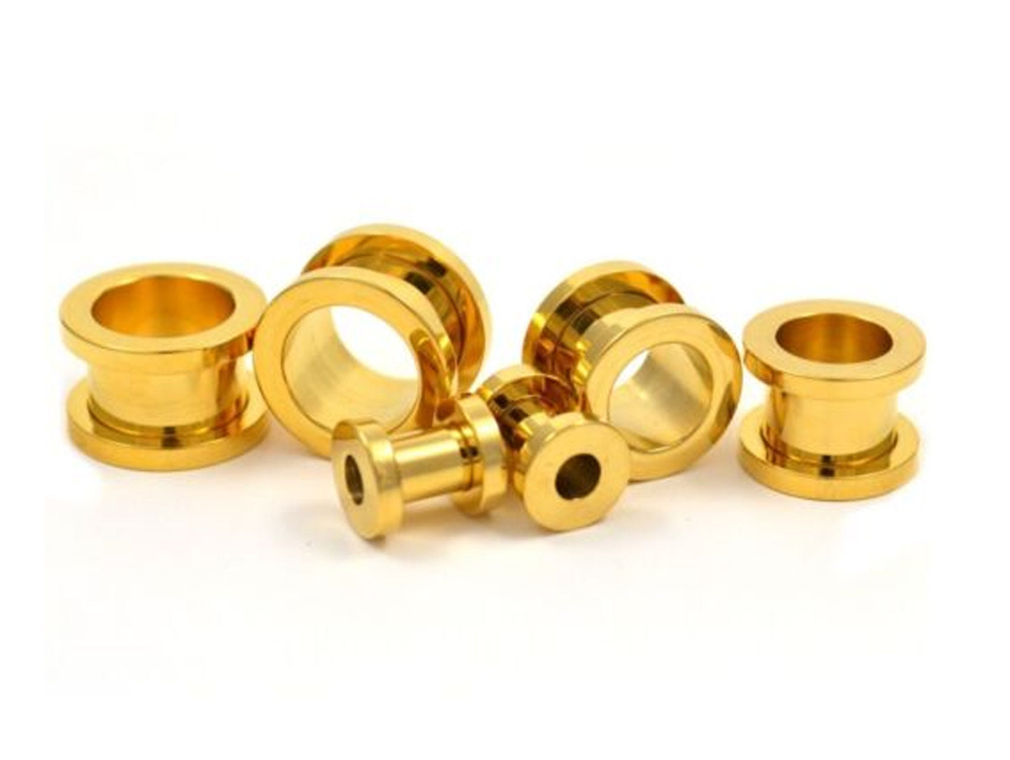 Gold Flesh Tunnel Earrings, Titanium Ear Plugs - 12G to 00G Externally Threaded Flat Flare Screw Fit Gauges Ear Stretchers - Gold Plated