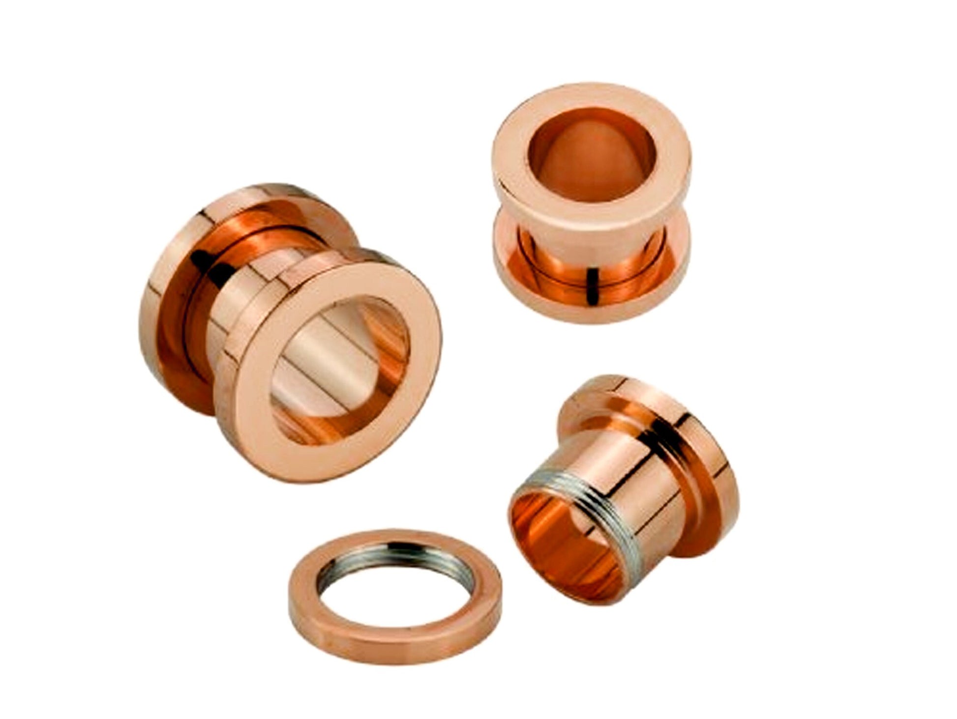 Rose Gold Flesh Tunnel Earrings, Titanium Ear Plugs - 12G to 00G Flat Flare Screw Fit Gauges Ear Stretchers - Rose Gold Plated