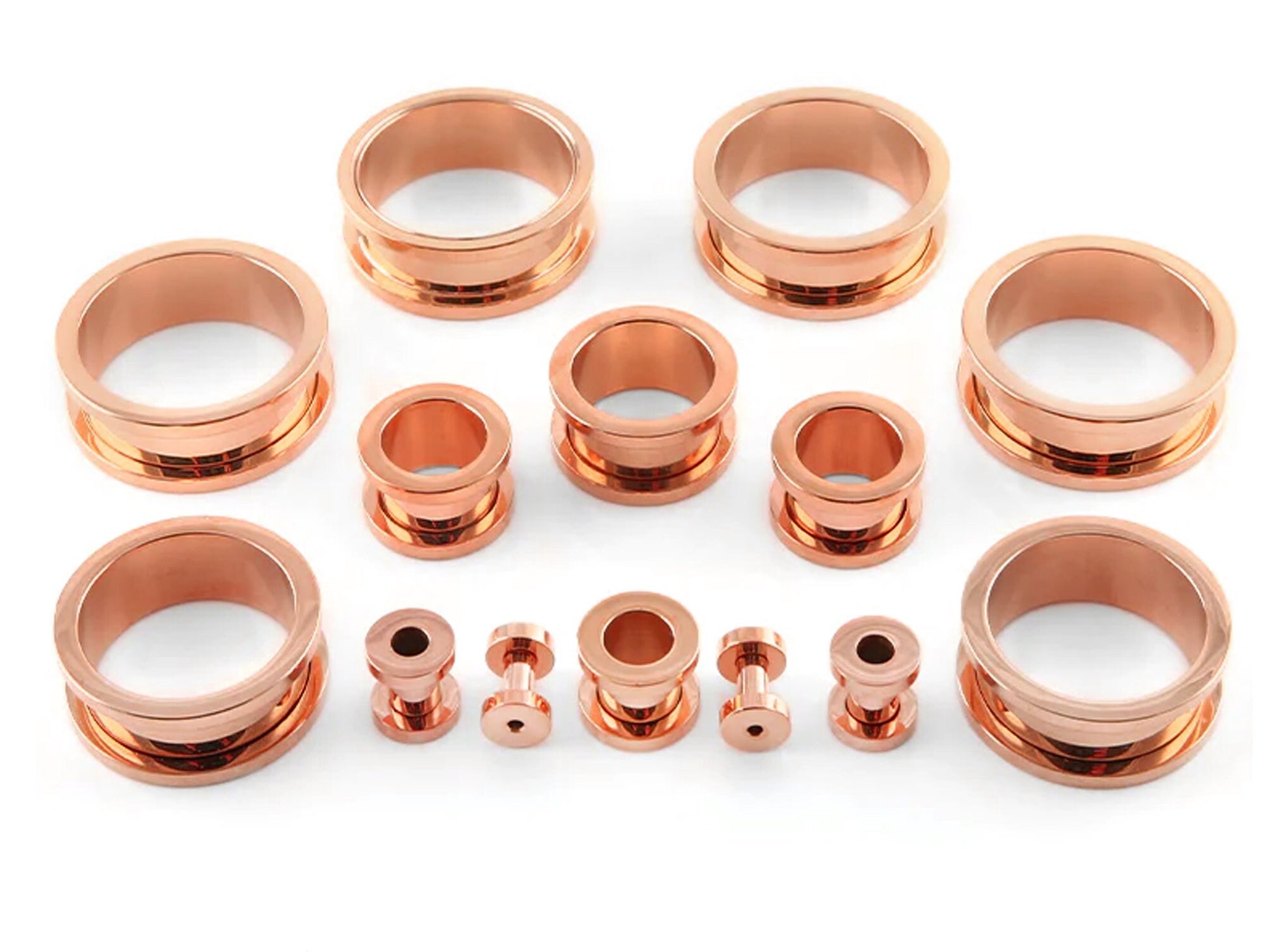 Rose Gold Flesh Tunnel Earrings, Titanium Ear Plugs - 12G to 00G Flat Flare Screw Fit Gauges Ear Stretchers - Rose Gold Plated