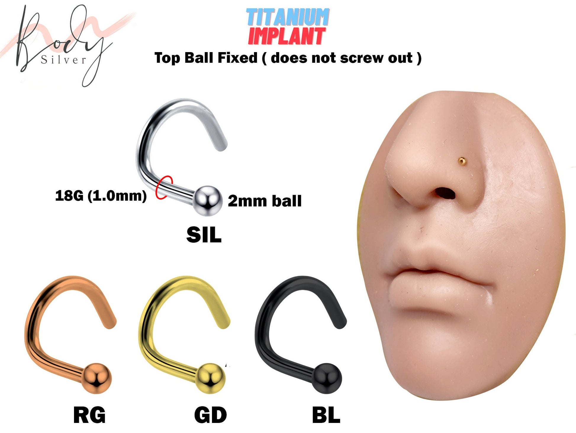 Titanium Nostril Screw, Nostril Stud with Top Fixed Ball Size 2mm- Body Piercing 18g Nose Jewelry Steel, Gold, Black and Rose Gold