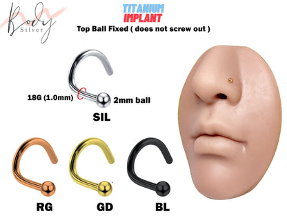 Titanium Nostril Screw, Nostril Stud with Top Fixed Ball Size 2mm- Body Piercing 18g Nose Jewelry Steel, Gold, Black and Rose Gold