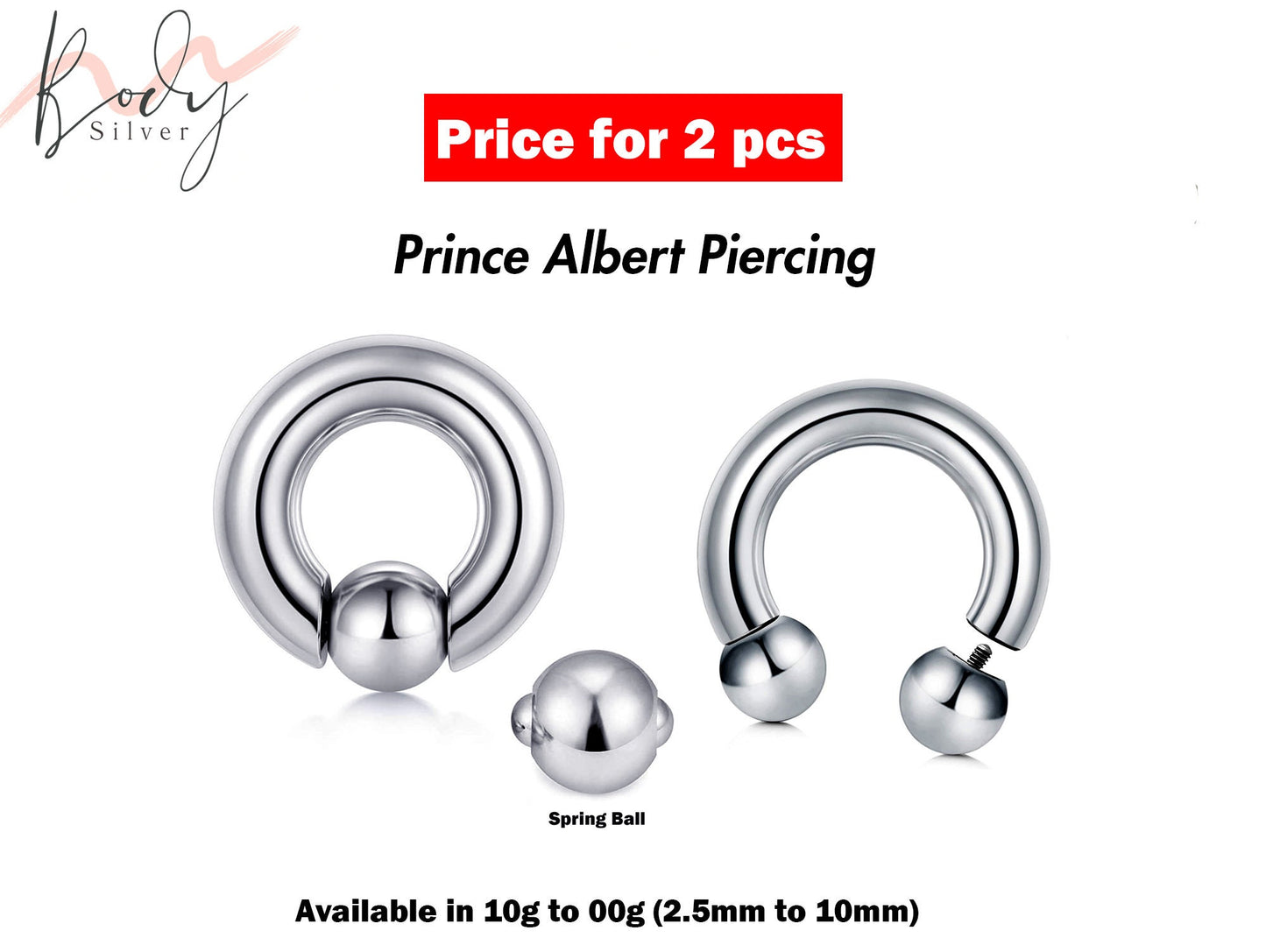 Prince Albert Piercing, Horseshoe PA Ring and Captive Bead Ring – 2pcs Piercing for Genital, Septum Ring, Lip, Nipple Ring – 10g to 00g