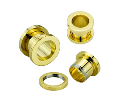 Gold Flesh Tunnel Earrings, Titanium Ear Plugs - 12G to 00G Externally Threaded Flat Flare Screw Fit Gauges Ear Stretchers - Gold Plated