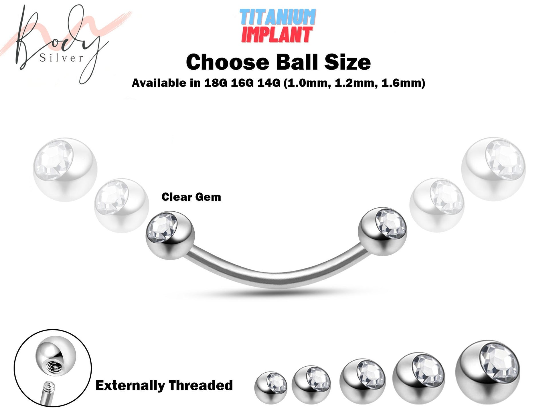 Titanium Eyebrow Piercing, Bent Barbell - 18g 16g 14g Curve Barbell with Clear Gem Ball Crystal - Custom Ball Size - Choose your Sizes