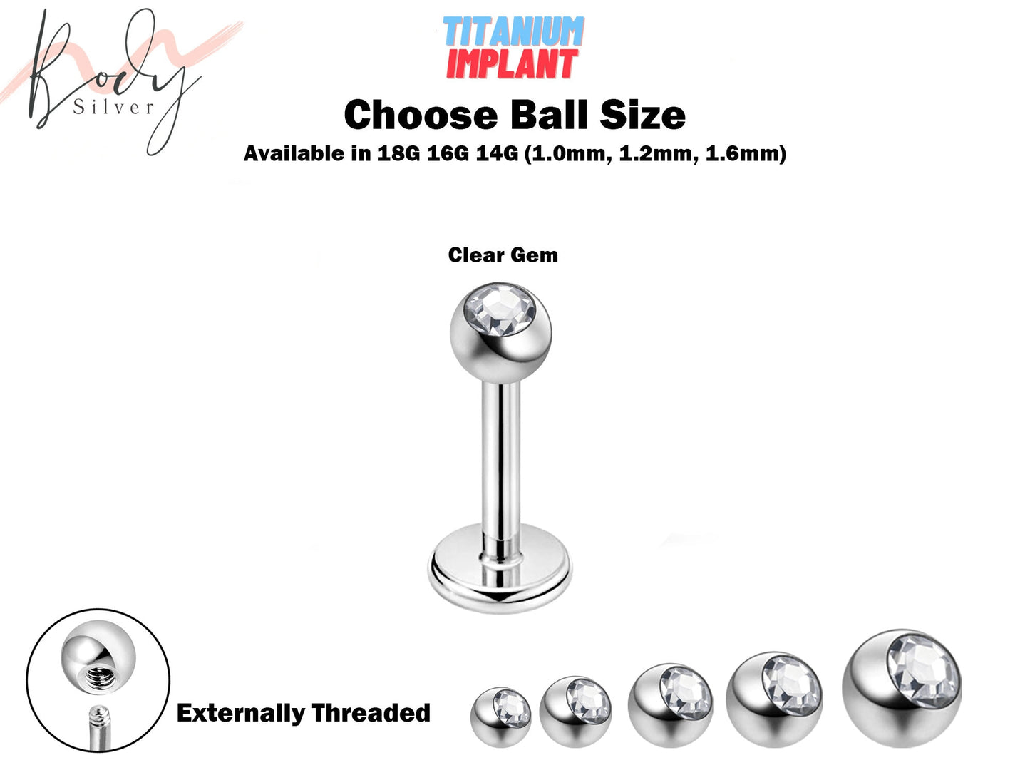 Labret Stud Piercing, Lip Piercing - 18g 16g 14g Titanium Lip Labret with Clear Gem Ball Crystal - Custom Ball Size - Choose your Sizes