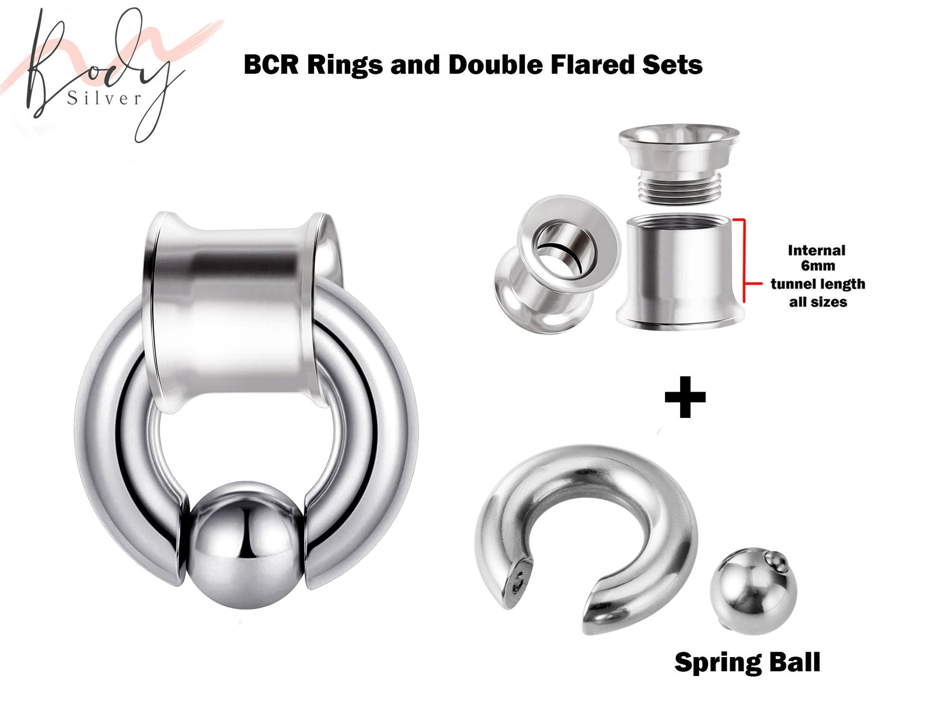 Double Flare Ear Plugs with Spring Ball BCR Ring, Captive Ball Hoop - Big Gauge 8G to 00G Ear Piercing, Ear Gauges, Ear Stretchers