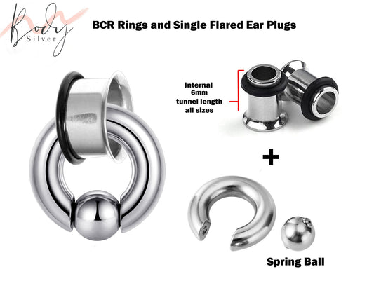 Single Flare Ear Plugs with Spring Ball BCR Ring, Captive Ball Hoop - Big Gauge 8G to 00G Ear Piercing, Ear Gauges, Ear Stretchers