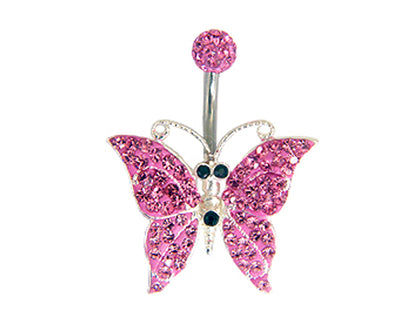 Butterfly Belly Ring, Silver Navel Piercing Studded with CZ Crystals Body Piercing 14G (1.6mm) Belly Button Ring standard size 10mm Length