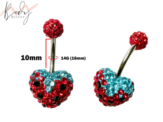 Strawberry Belly Ring, Navel Piercing Studded with CZ Crystals Body Piercing 14G (1.6mm) Belly Button Ring standard size 10mm Length