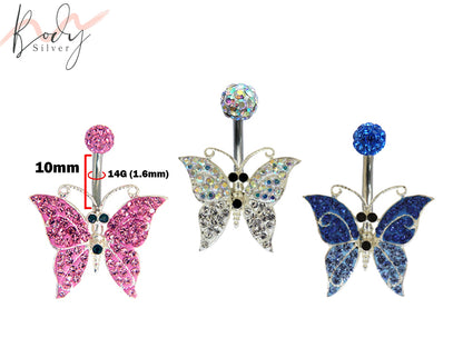 Butterfly Belly Ring, Silver Navel Piercing Studded with CZ Crystals Body Piercing 14G (1.6mm) Belly Button Ring standard size 10mm Length