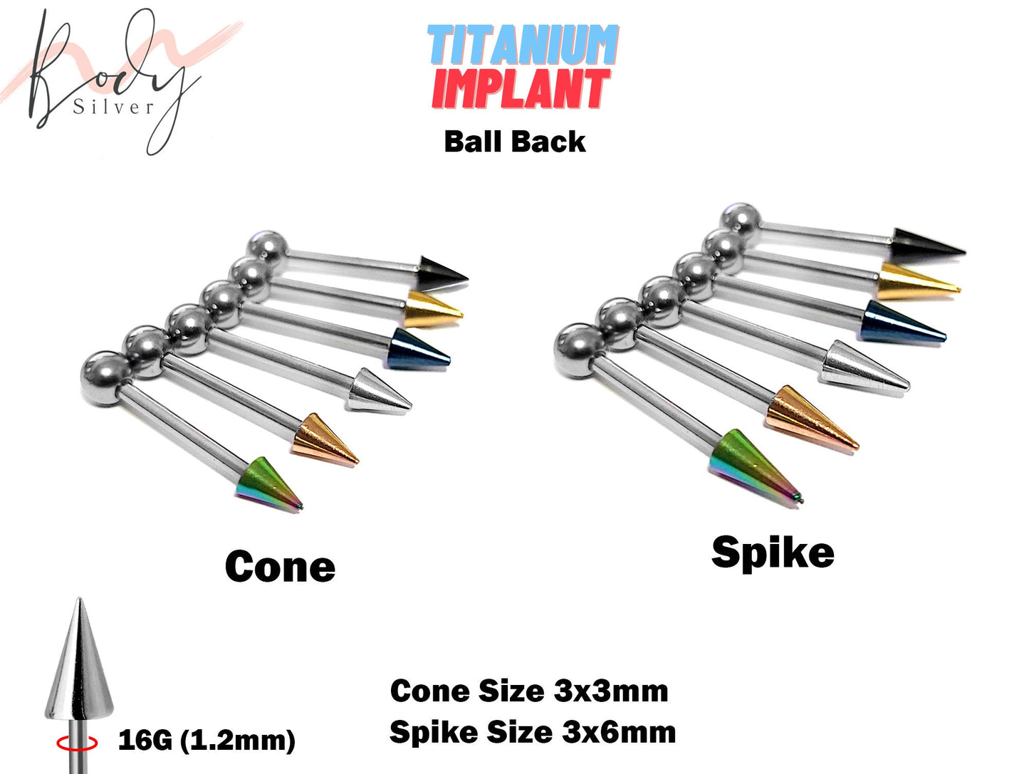 Spike Barbell Earring and Flat Back Lip Labret Stud with top Coloured Cone / Spike - Titanium 16G (1.2mm) Length 6mm to 34mm - Ear Piercing