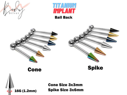 Spike Barbell Earring and Flat Back Lip Labret Stud with top Coloured Cone / Spike - Titanium 16G (1.2mm) Length 6mm to 34mm - Ear Piercing