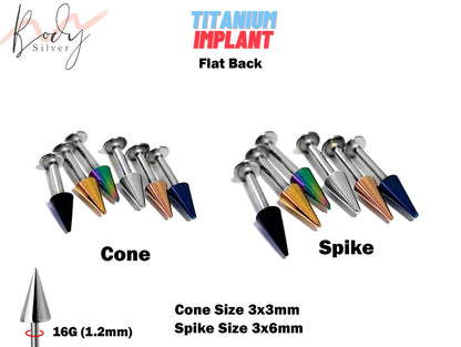 Spike Barbell Earring and Flat Back Lip Labret Stud with top Coloured Cone / Spike - Titanium 16G (1.2mm) Length 6mm to 34mm - Ear Piercing