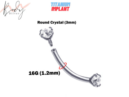 Titanium Internal Curved Barbell, Bent Bar piercing with Prong set CZ Clear Crystal for Eyebrow, Lips and Rook - 16G (1.2mm) Body Jewellery