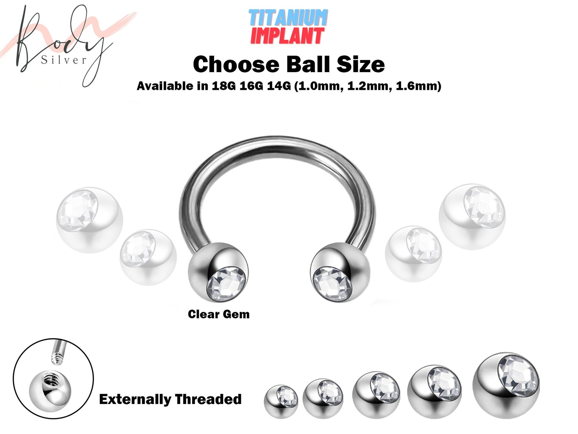 Nose Septum Circular Barbell, PA Ring - 18g 16g 14g Titanium CBB with Clear Gem Ball Crystal - Custom Ball Size - Choose your Sizes