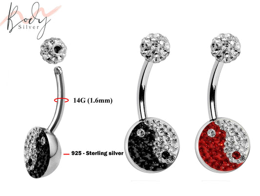 Yin Yang Belly Ring Jewelry - 14g Silver Belly Bar with Bling Bling Yin Yang CZ Crystals - Body Piercing for Navel Ring, Navel Piercing